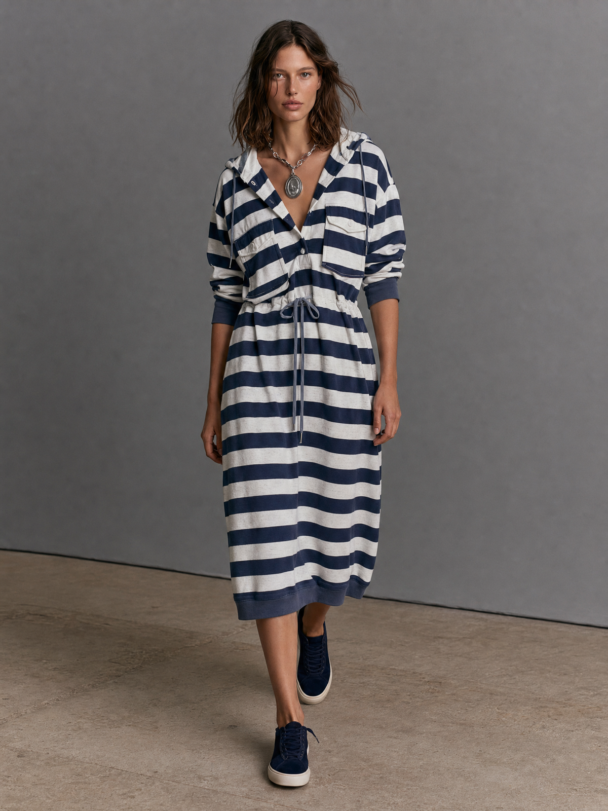 Women's Hooded Drawstring Striped Midi Dress – House of Velari