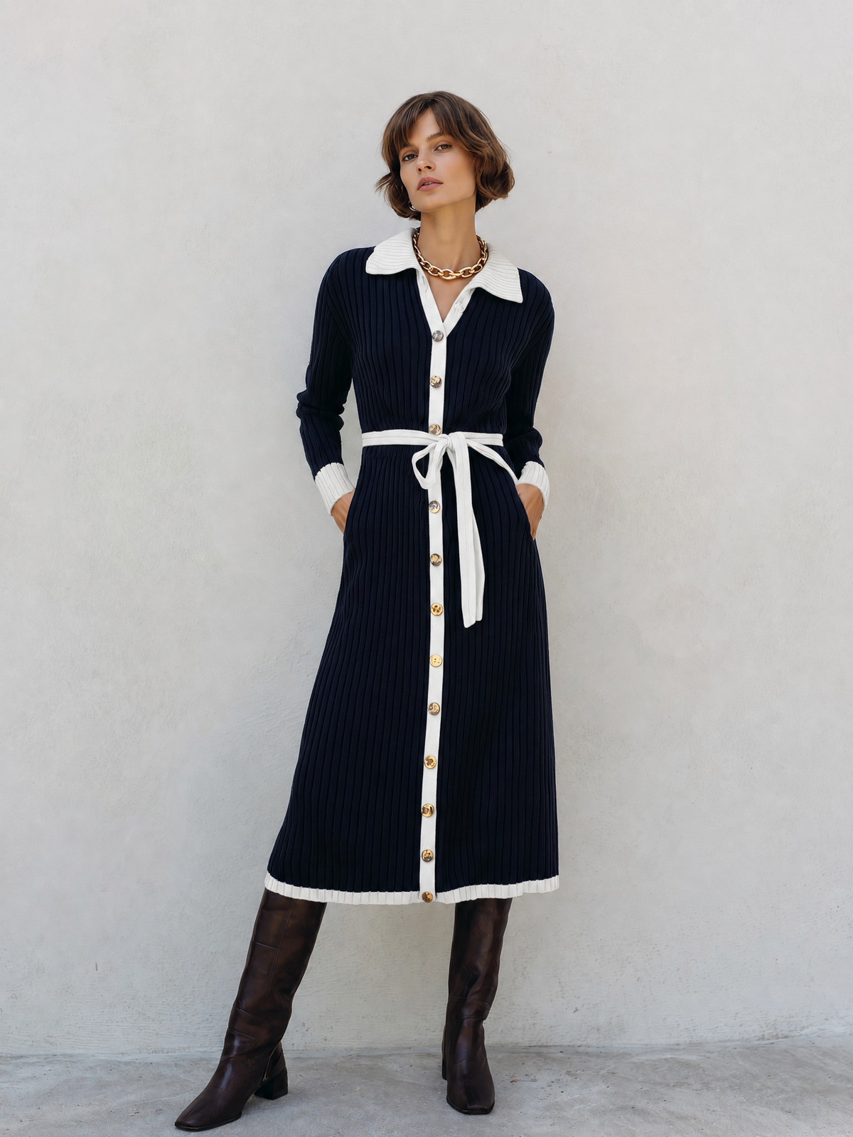Women's Navy Long Sleeve Sweater Dress – House of Velari