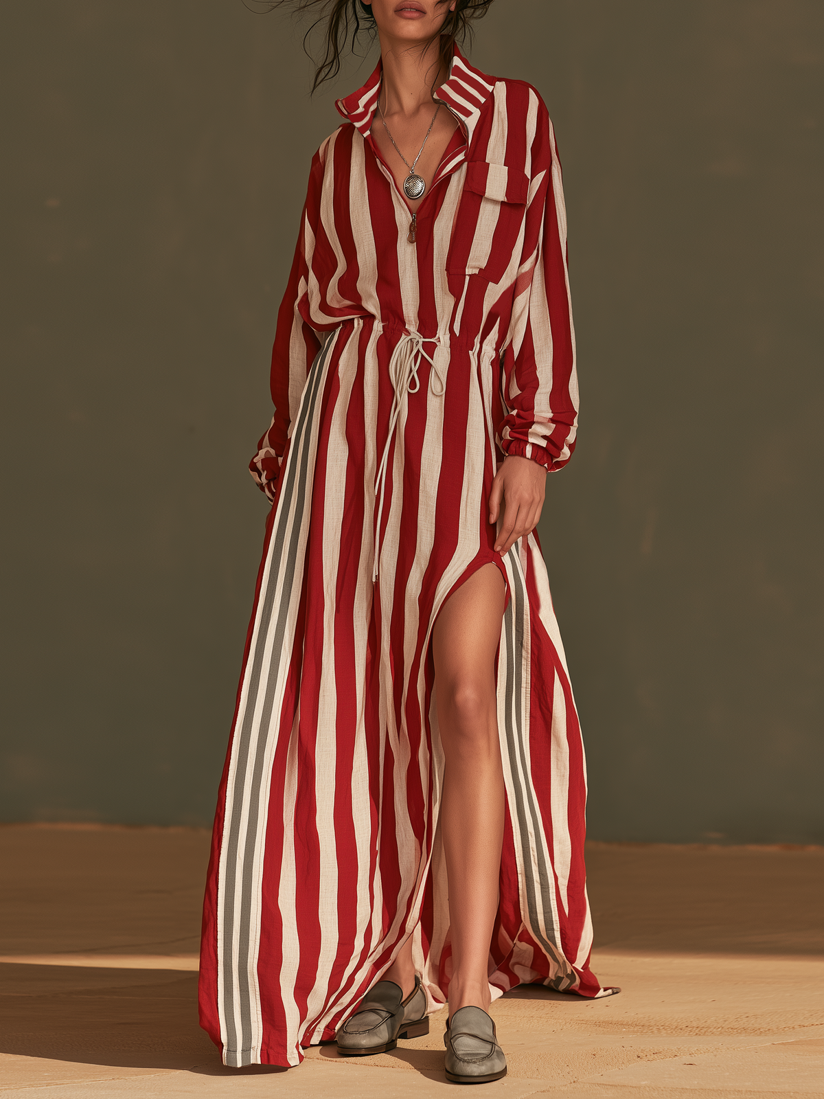 Women's Slit Drawstring Striped Maxi Dress – House of Velari