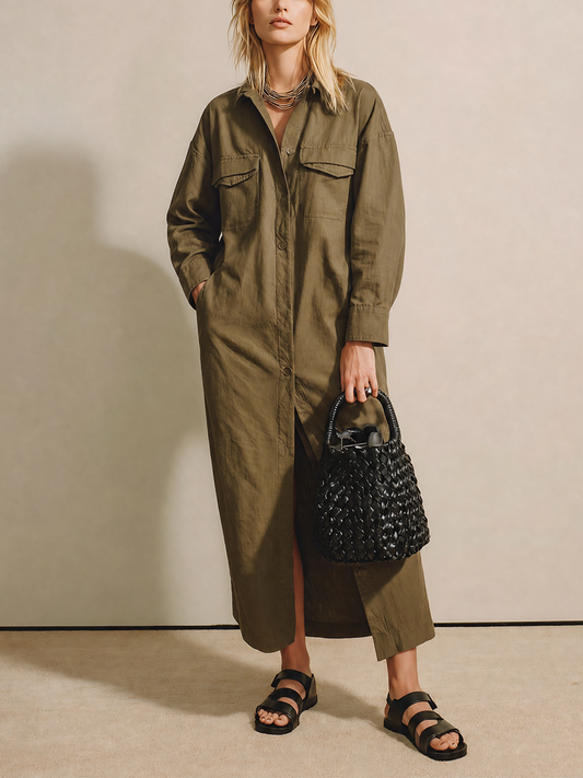 Women's Olive Linen Long Sleeve Shirt Dress – House of Velari