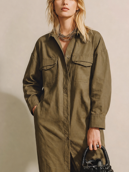 Women's Olive Linen Long Sleeve Shirt Dress – House of Velari