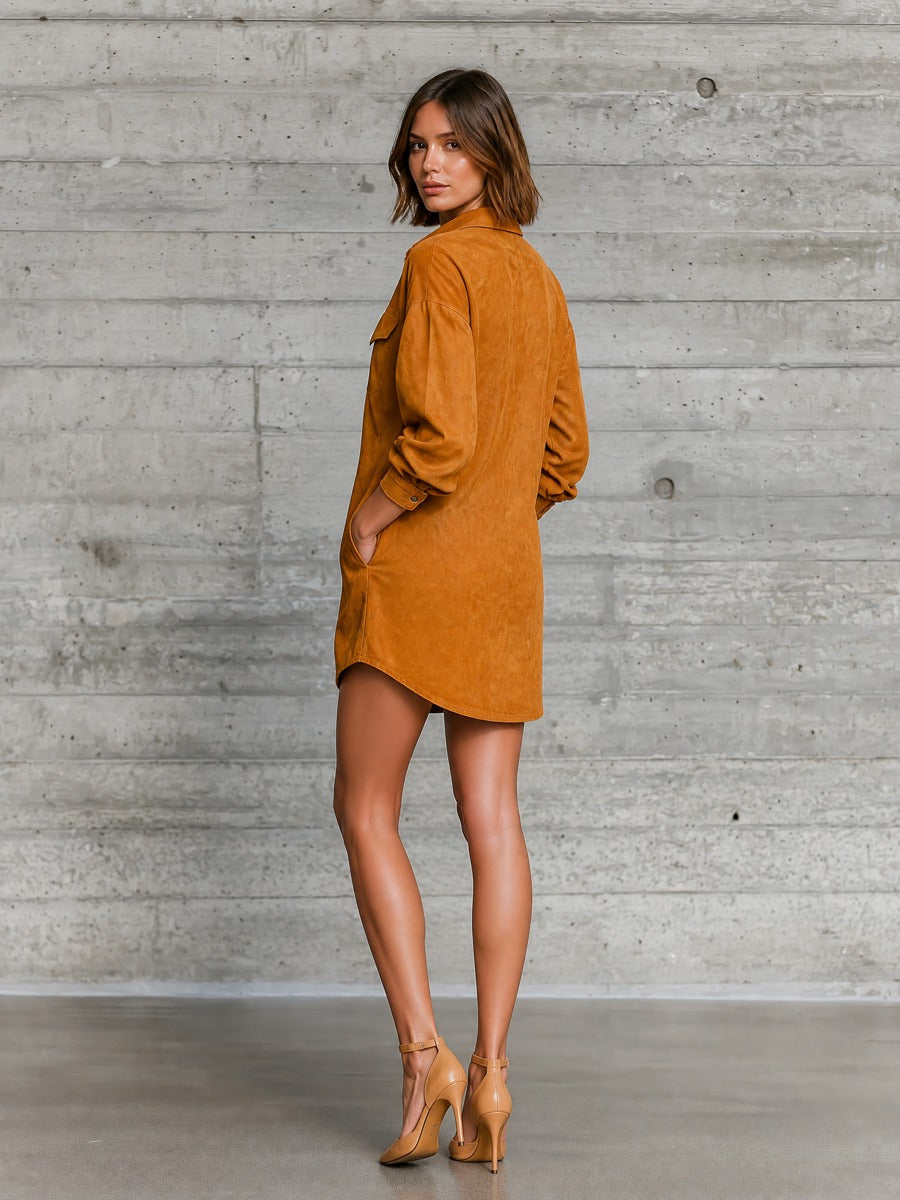 Women's Camel Long Sleeve Oversized Shirt Dress – House of Velari