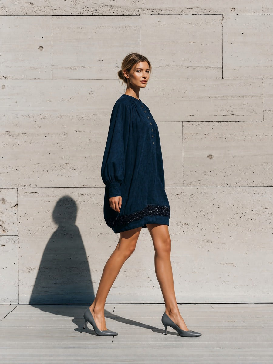 Women's Navy Sequin Long Sleeve Dress – House of Velari