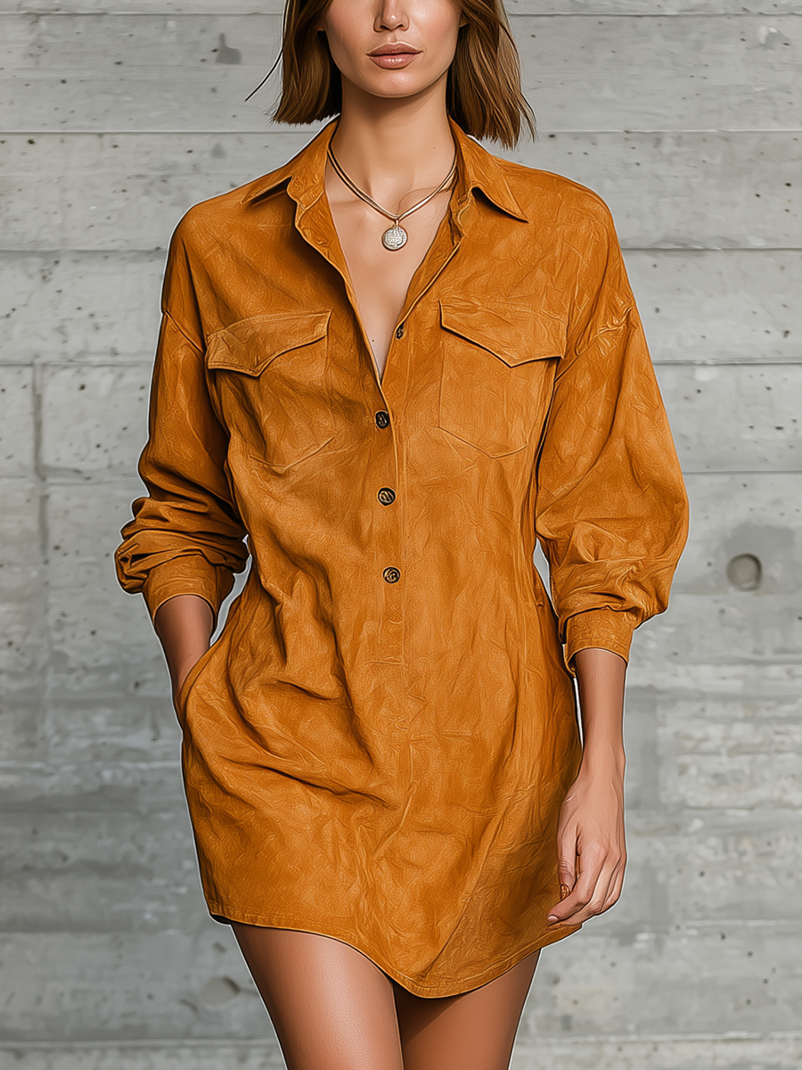 Women's Camel Long Sleeve Oversized Shirt Dress – House of Velari