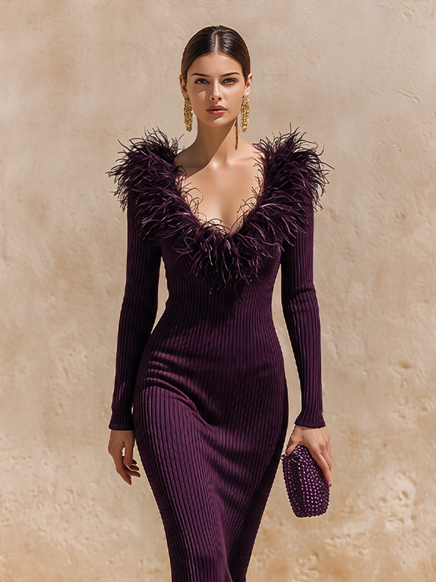 Women's Feather Trim Neck Sweater Dress – House of Velari