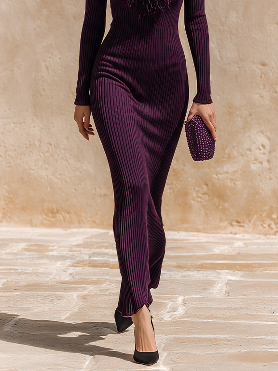 Women's Feather Trim Neck Sweater Dress – House of Velari