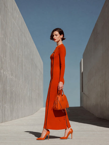 Women's Orange Long Sleeve Maxi Dress – House of Velari