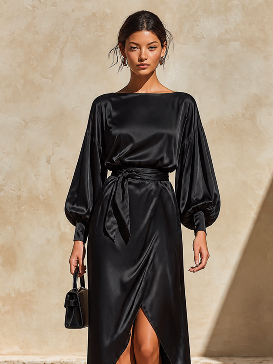 Women's Satin Belted Maxi Dress – House of Velari