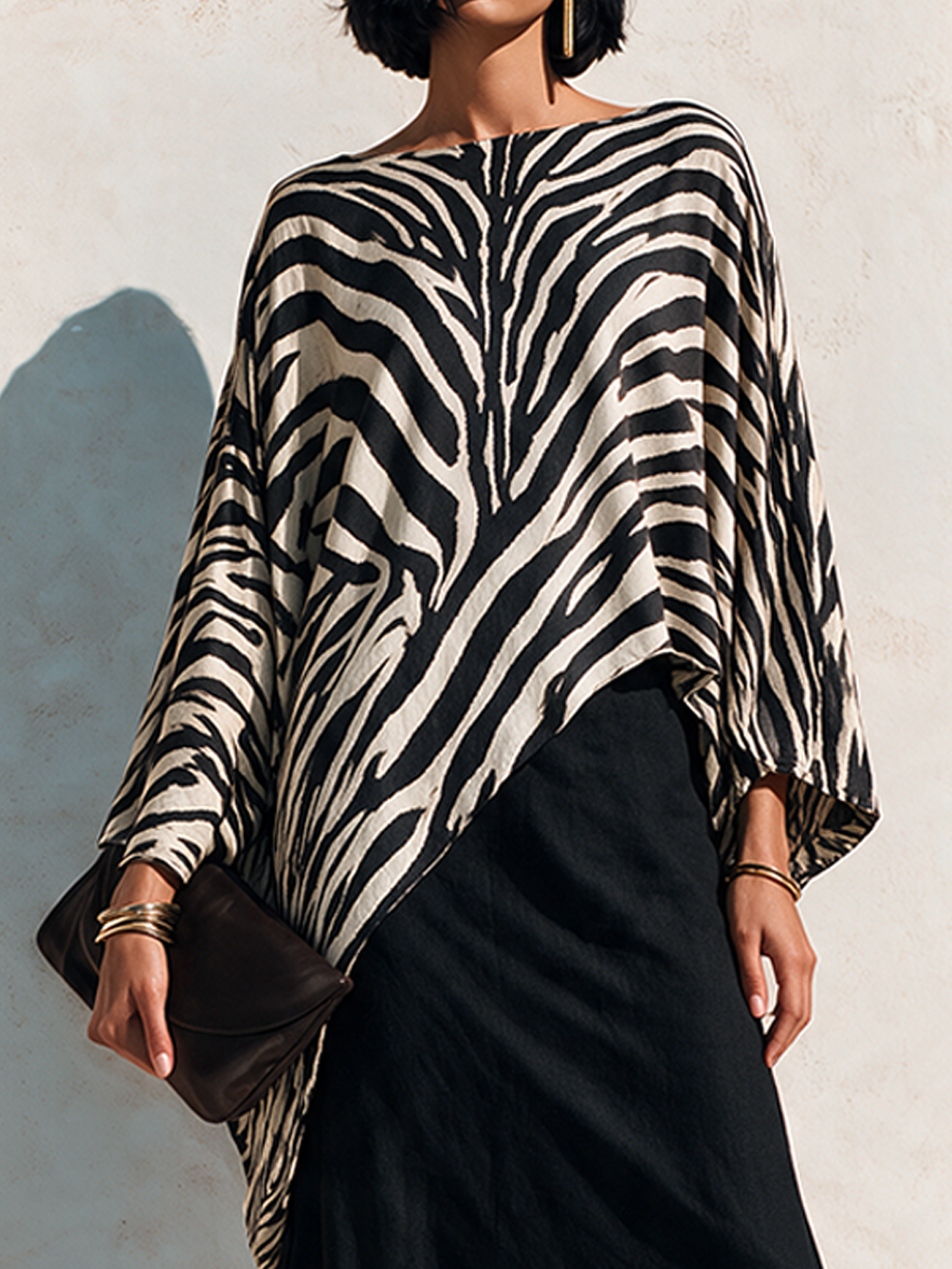 Women's Zebra-Print Asymmetric Hem Cotton-Blend Top – House of Velari