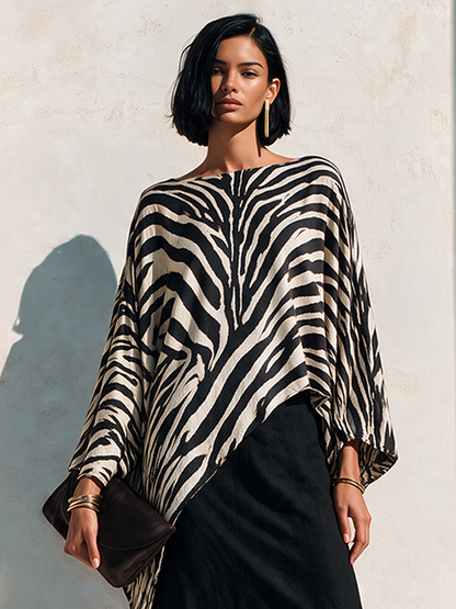 Women's Zebra-Print Asymmetric Hem Cotton-Blend Top – House of Velari
