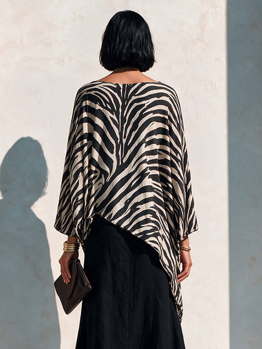 Women's Zebra-Print Asymmetric Hem Cotton-Blend Top – House of Velari