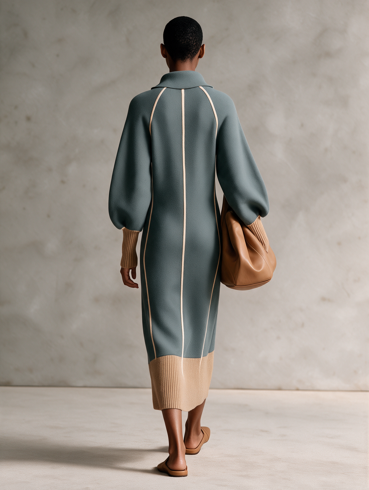 Women's Gray-Blue Collared Half-Zip Contrast-Piping Blouson-Sleeve Wool-Knit Maxi Dress – House of Velari