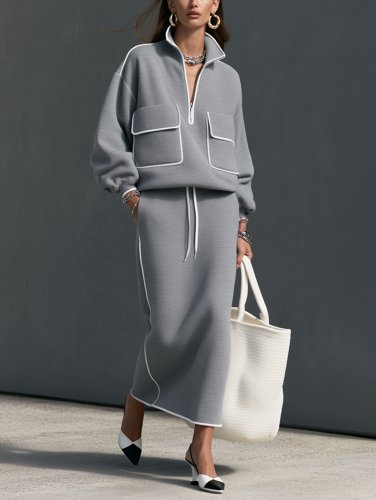 Women's Gray Scuba-Knit Long-Sleeve Top and Skirt Two-Piece Set – House of Velari