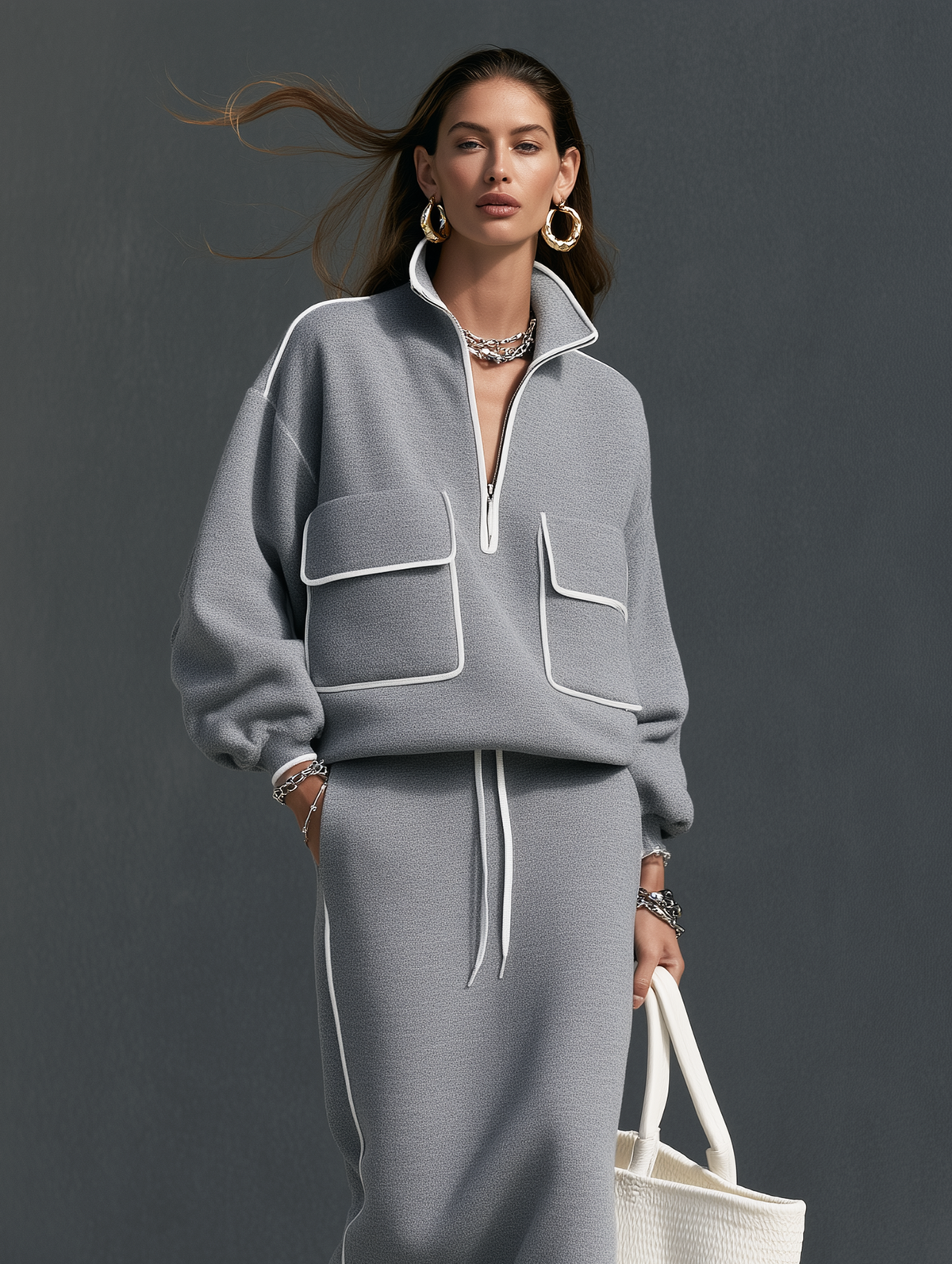 Women's Gray Scuba-Knit Long-Sleeve Top and Skirt Two-Piece Set – House of Velari
