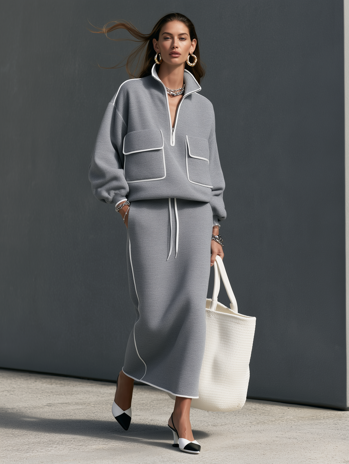 Women's Gray Scuba-Knit Long-Sleeve Top and Skirt Two-Piece Set – House of Velari