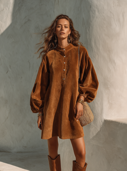 Women's Vintage Velvet Lantern-Sleeve Button-Collar Mini Dress – House of Velari