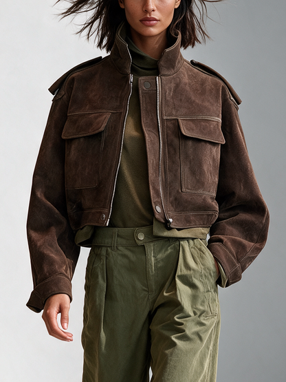 Women's Dark Brown Cropped Stand Collar Utility Suede Jacket – House of Velari