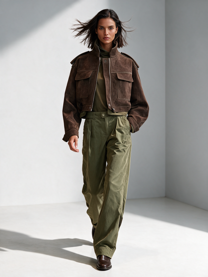 Women's Dark Brown Cropped Stand Collar Utility Suede Jacket – House of Velari
