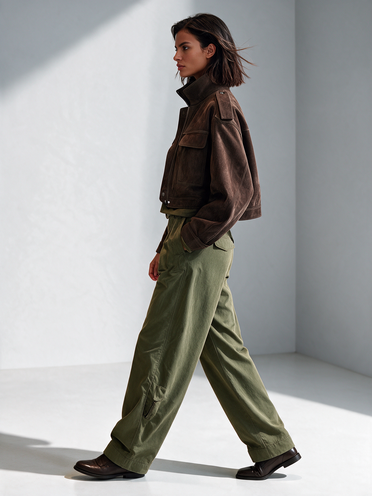 Women's Dark Brown Cropped Stand Collar Utility Suede Jacket – House of Velari