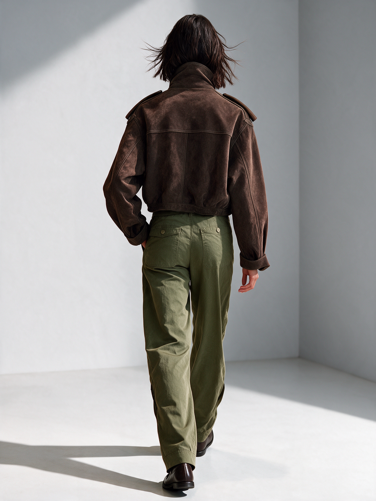 Women's Dark Brown Cropped Stand Collar Utility Suede Jacket – House of Velari