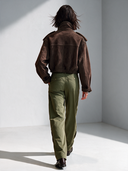 Women's Dark Brown Cropped Stand Collar Utility Suede Jacket – House of Velari