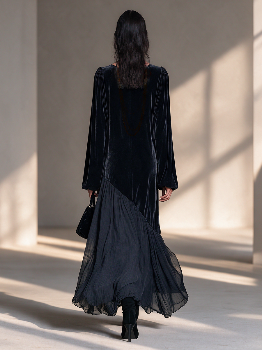 Women's Black Round-Neck Blouson-Sleeve Velvet-and-Chiffon Asymmetric Full-Skirt Maxi Dress – House of Velari