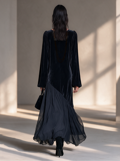 Women's Black Round-Neck Blouson-Sleeve Velvet-and-Chiffon Asymmetric Full-Skirt Maxi Dress – House of Velari