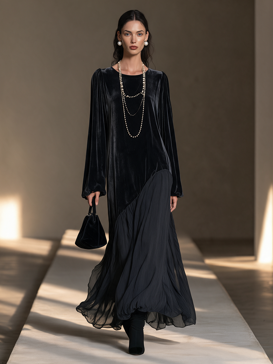 Women's Black Round-Neck Blouson-Sleeve Velvet-and-Chiffon Asymmetric Full-Skirt Maxi Dress – House of Velari