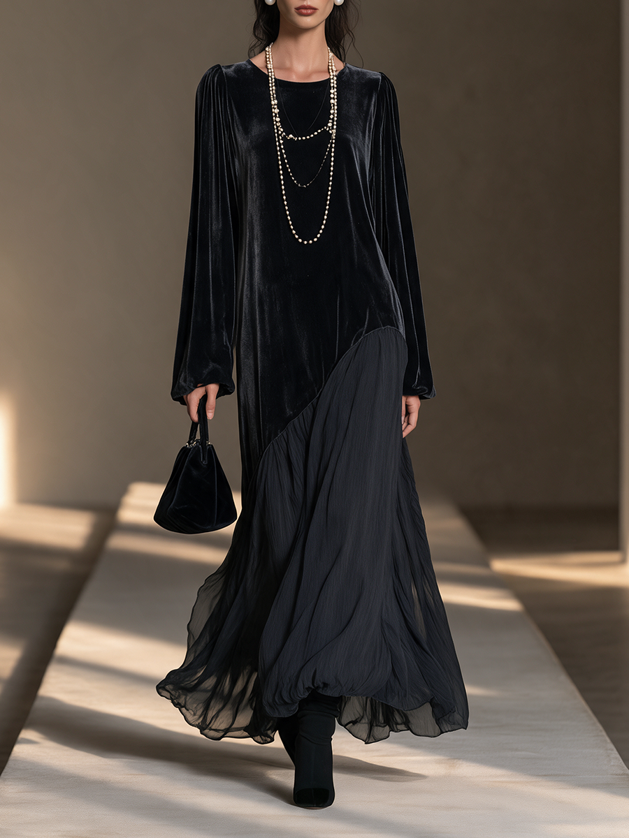 Women's Black Round-Neck Blouson-Sleeve Velvet-and-Chiffon Asymmetric Full-Skirt Maxi Dress – House of Velari