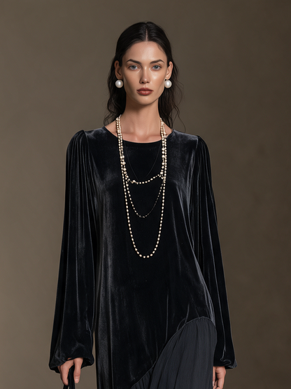 Women's Black Round-Neck Blouson-Sleeve Velvet-and-Chiffon Asymmetric Full-Skirt Maxi Dress – House of Velari