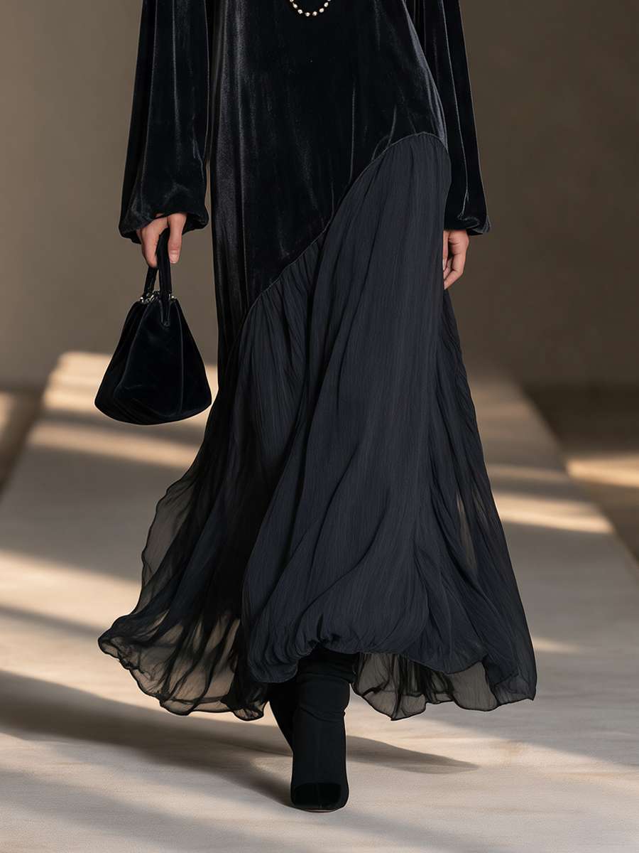 Women's Black Round-Neck Blouson-Sleeve Velvet-and-Chiffon Asymmetric Full-Skirt Maxi Dress – House of Velari