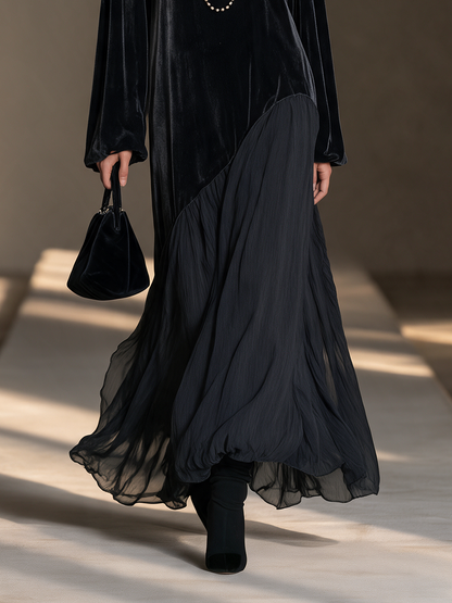 Women's Black Round-Neck Blouson-Sleeve Velvet-and-Chiffon Asymmetric Full-Skirt Maxi Dress – House of Velari