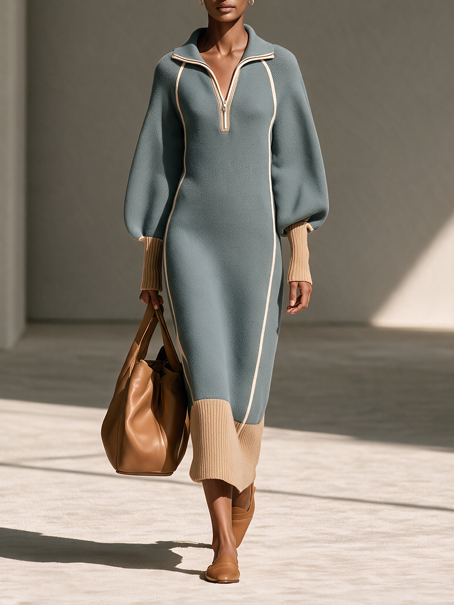 Women's Gray-Blue Collared Half-Zip Contrast-Piping Blouson-Sleeve Wool-Knit Maxi Dress – House of Velari