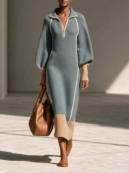 Women's Gray-Blue Collared Half-Zip Contrast-Piping Blouson-Sleeve Wool-Knit Maxi Dress – House of Velari