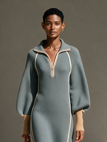 Women's Gray-Blue Collared Half-Zip Contrast-Piping Blouson-Sleeve Wool-Knit Maxi Dress – House of Velari