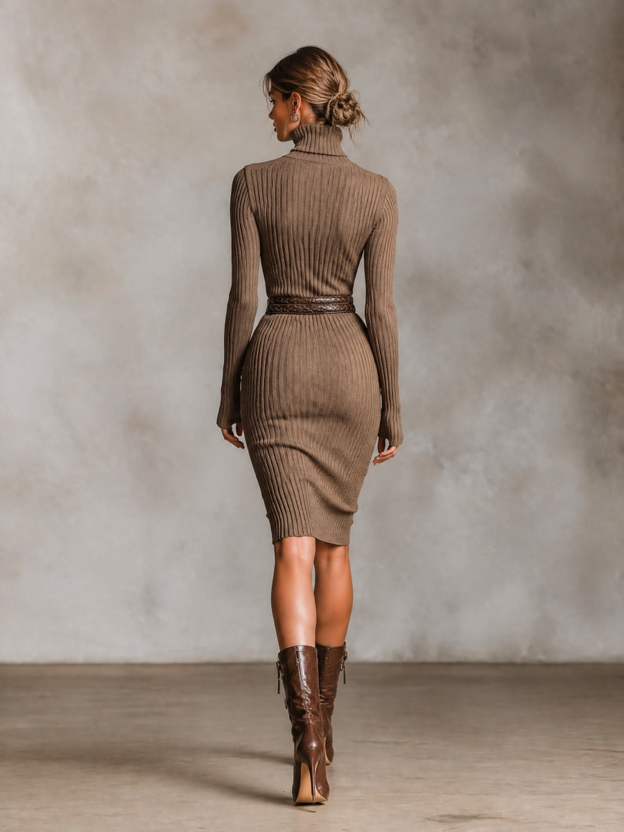 Women's Cutout Shoulder Turtleneck Ribbed Knit Bodycon Sweater Dress (Without Belt) – House of Velari