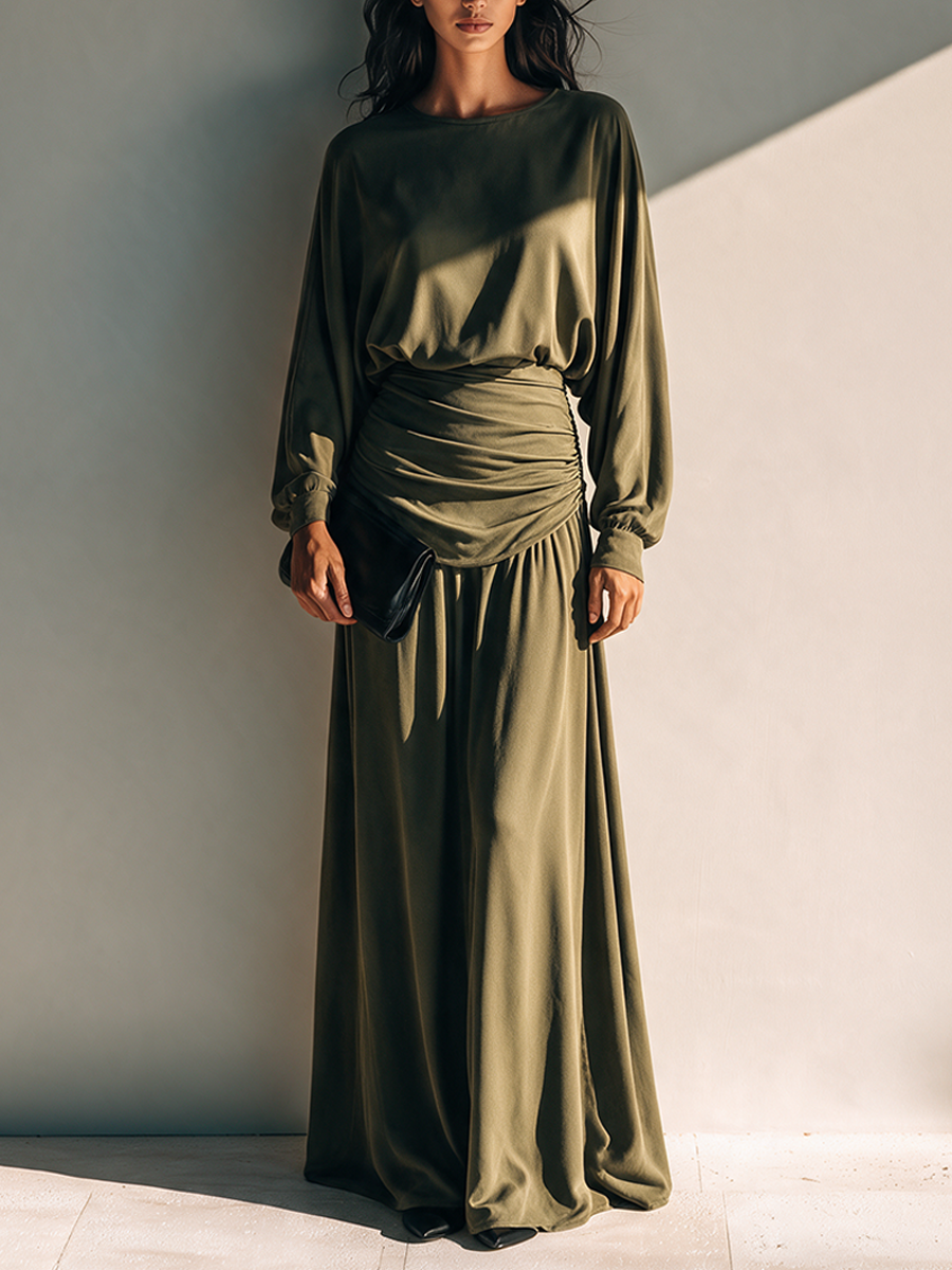 Women's Long-Sleeve Knitted Maxi Dress with Pleated Waist – House of Velari