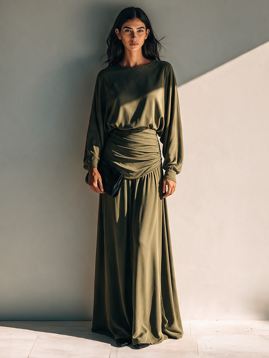 Women's Long-Sleeve Knitted Maxi Dress with Pleated Waist – House of Velari