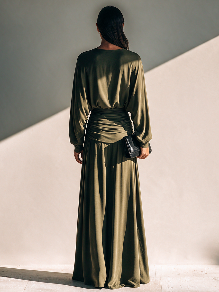 Women's Long-Sleeve Knitted Maxi Dress with Pleated Waist – House of Velari