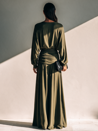 Women's Long-Sleeve Knitted Maxi Dress with Pleated Waist – House of Velari