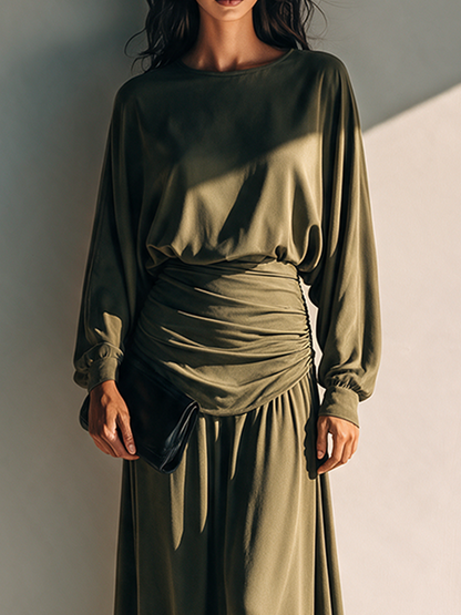 Women's Long-Sleeve Knitted Maxi Dress with Pleated Waist – House of Velari