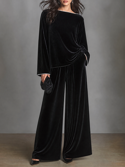 Women's Velvet Two-Piece Set Boat Neck Top & Wide Leg Palazzo Pants – House of Velari