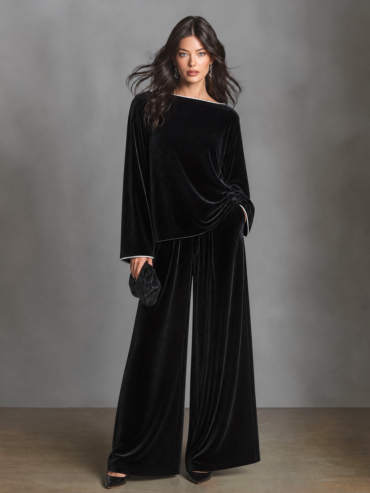 Women's Velvet Two-Piece Set Boat Neck Top & Wide Leg Palazzo Pants – House of Velari