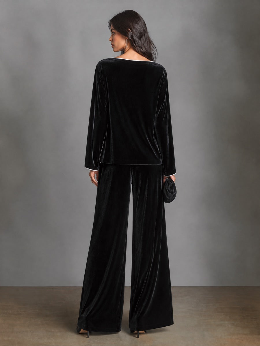Women's Velvet Two-Piece Set Boat Neck Top & Wide Leg Palazzo Pants – House of Velari