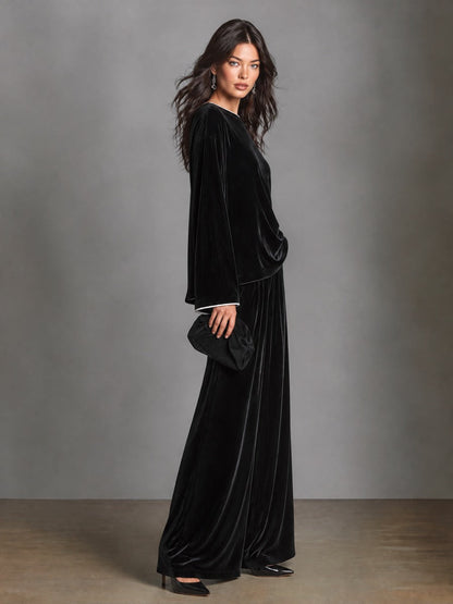 Women's Velvet Two-Piece Set Boat Neck Top & Wide Leg Palazzo Pants – House of Velari