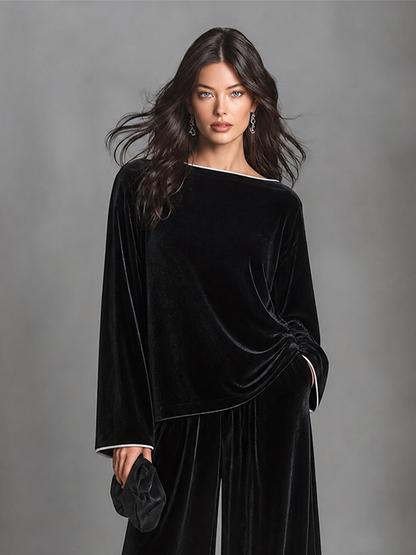 Women's Velvet Two-Piece Set Boat Neck Top & Wide Leg Palazzo Pants – House of Velari