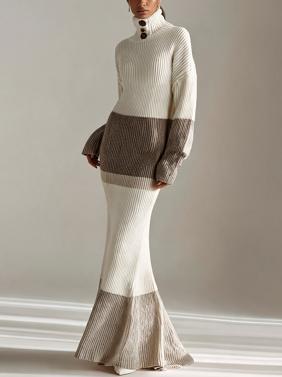 Women's Color Block Turtleneck Ribbed Knit Maxi Dress – House of Velari