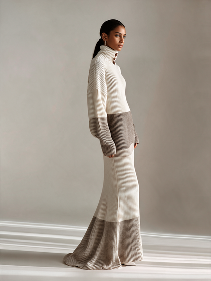 Women's Color Block Turtleneck Ribbed Knit Maxi Dress – House of Velari
