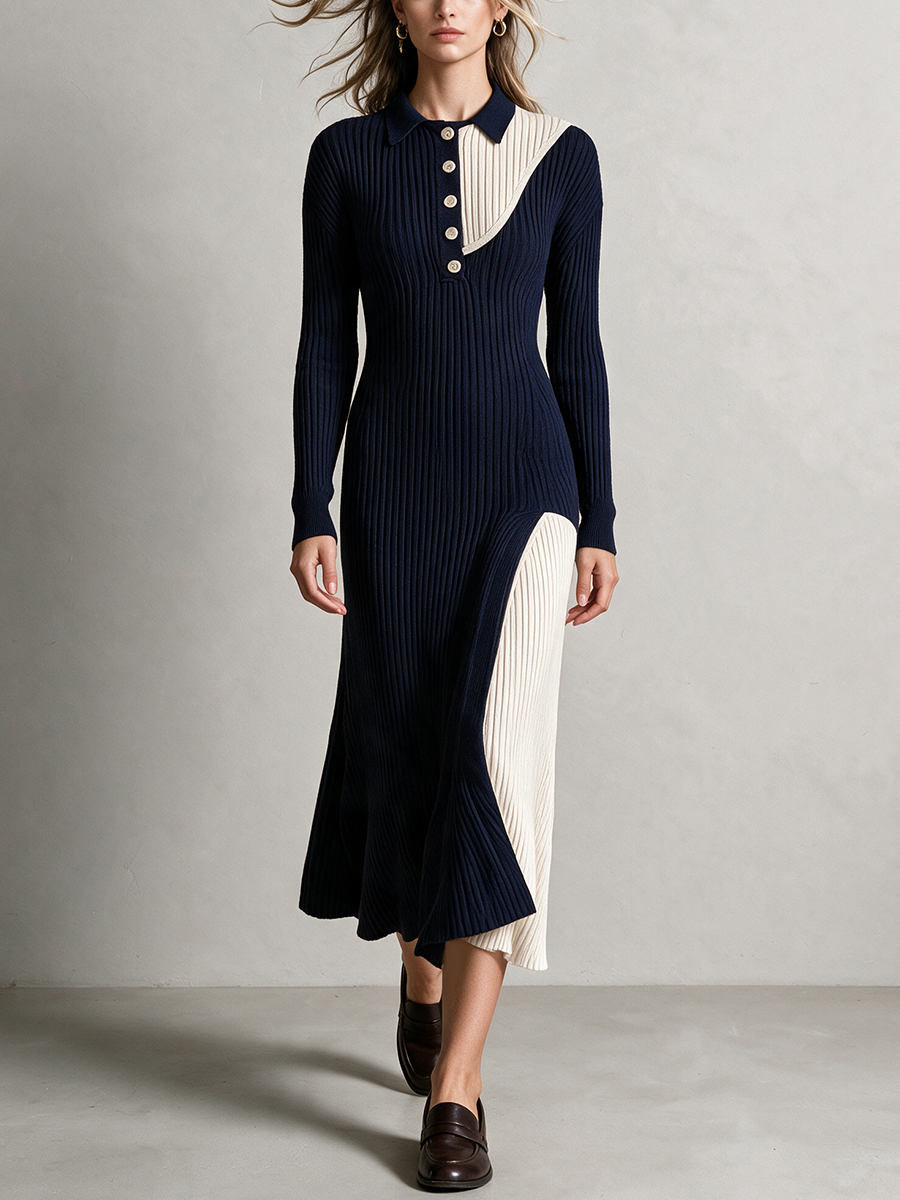 Women's Color Block Polo Collar Button Ribbed Knit Midi Dress – House of Velari