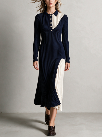 Women's Color Block Polo Collar Button Ribbed Knit Midi Dress – House of Velari